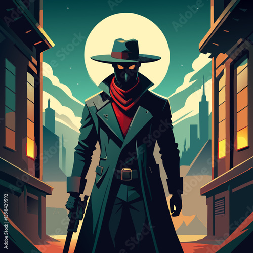Mysterious Noir Detective in Urban Night Scene with Full Moon Vector Illustration
