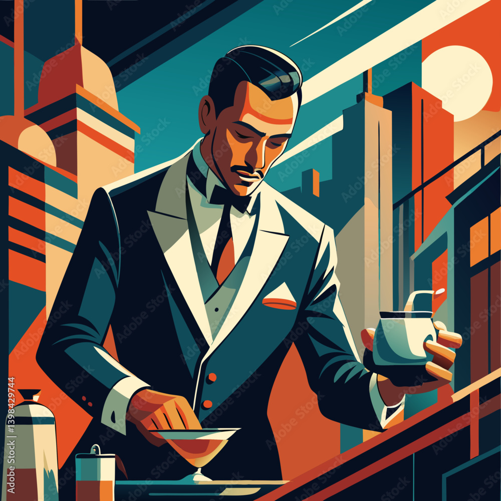 Elegant Bartender Art Deco Style Cocktail Preparation in Cityscape Setting