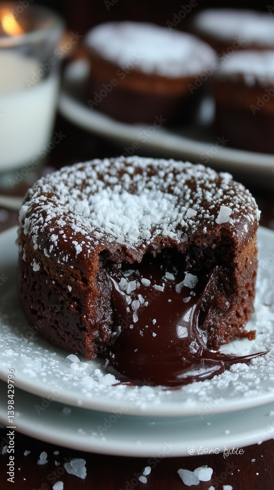 Warm chocolate lava cake oozing melted dark chocolate with a sprinkle of sea salt, a decadent dessert Warm chocolate lava cake oozing melted dark chocolate with a sprinkle of sea salt, a decadent dessert