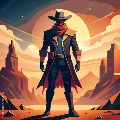 Vector Wild West Cowboy Sunset Silhouette Illustration for Posters and Graphic Design