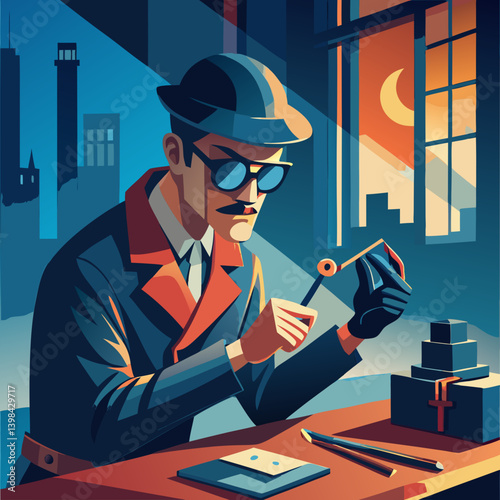 Mysterious Detective Working at Night Solving Puzzle in Urban Setting Vector Art