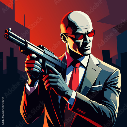 Bold Secret Agent with Red Tie Holding Weapon in Urban Night Scene Vector Art