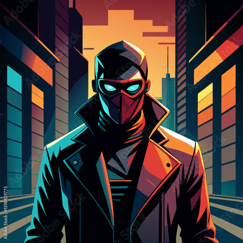 Mysterious Masked Figure in Futuristic Urban Night Scene Vector Illustration