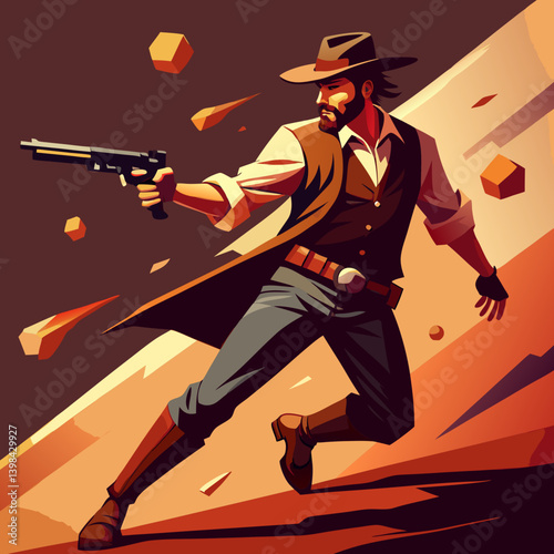 Western Cowboy Action Hero Shooting Illustration for Posters and Design