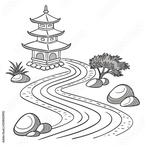 Tranquil Japanese Garden Pathway with Pagoda and Zen Stones Illustration