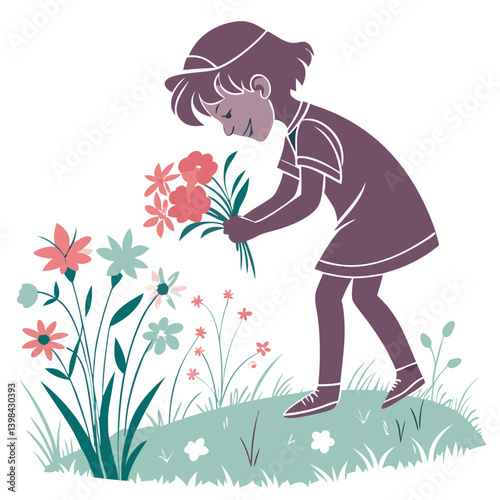 Child Plucking Colorful Flowers in a Garden Vector Illustration for Nature and Education Use