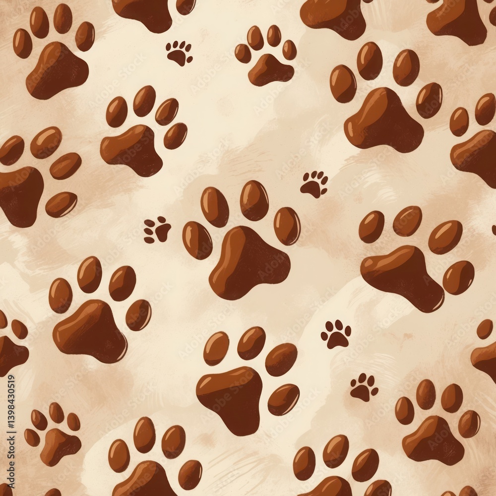 Obraz premium Brown paw prints pattern on beige background. Repeated paw print illustration in simple style with various sizes and arrangement.