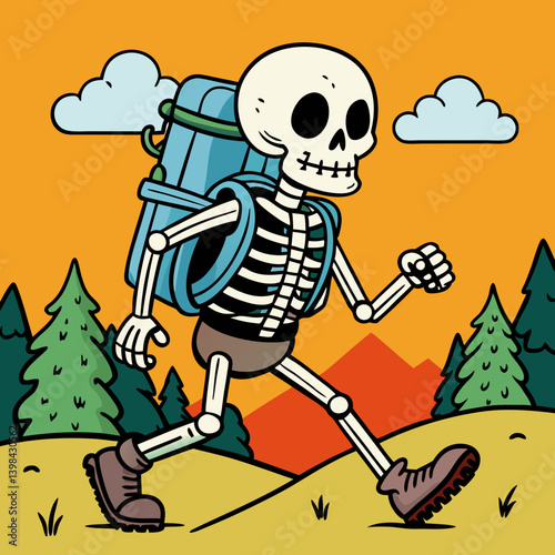 Skeleton Hiking with Backpack in Vibrant Forest Cartoon Vector
