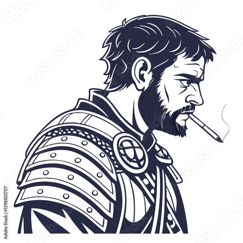 Warrior Soldier with Beard Smoking Profile Vector Art for Tattoo or Graphic Design