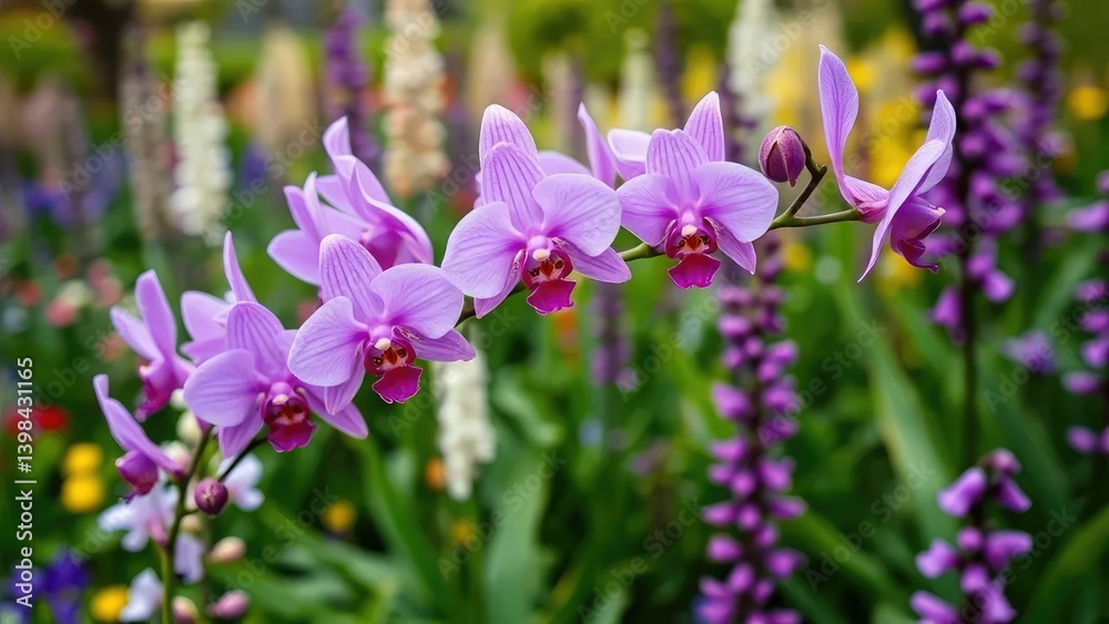 Delicate purple orchid blooms in a lush Keukenhof garden, vanda, flowers Delicate purple orchid blooms in a lush Keukenhof garden, vanda, flowers