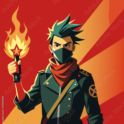 Revolutionary Character with Torch and Mask for Comic and Graphic Design Illustration