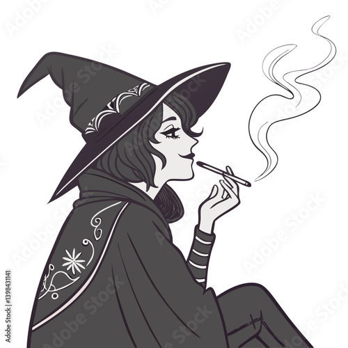 Vector Illustration of Elegant Witch Relaxing with Cigarette for Art Prints and Merchandise