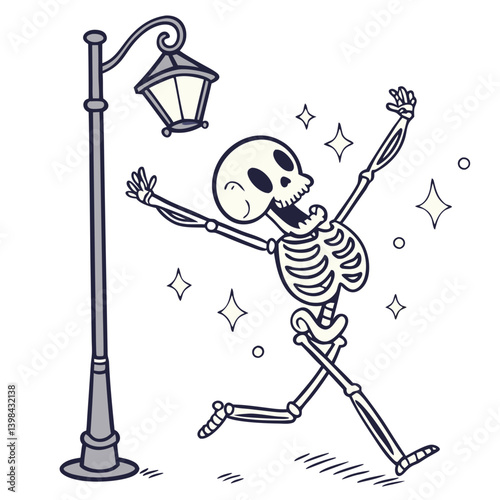 Happy Dancing Skeleton Under Lamp Post Vector for Halloween Decor