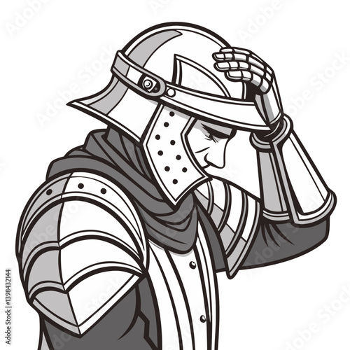 Medieval Knight in Armor Reflecting Thoughtfully Vector Illustration