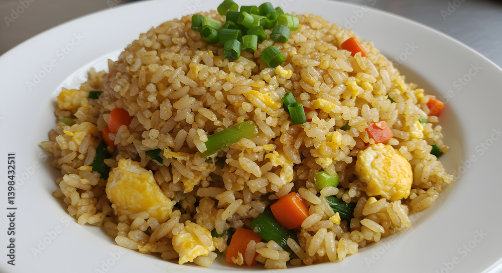 Delicious And Classic Egg Fried Rice Garnished With Scallions Delicious And Classic Egg Fried Rice Garnished With Scallions