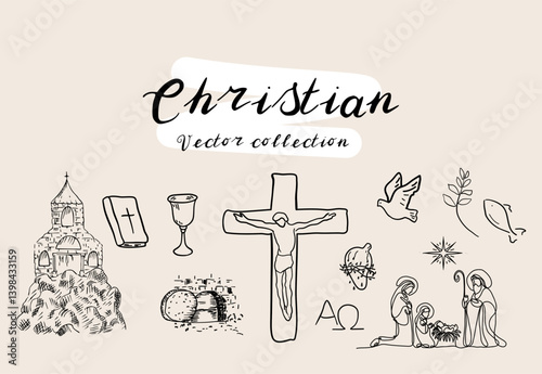 A Christian vector collection featuring sacred symbols, including a church, Bible, crucifix, dove, nativity scene, and other faith-inspired elements.