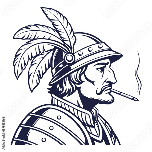Vintage Warrior Head Vector Illustration with Feathered Helmet and Smoking Pipe