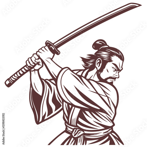 Samurai Warrior Ready for Battle Traditional Japanese Swordsmanship Vector Art