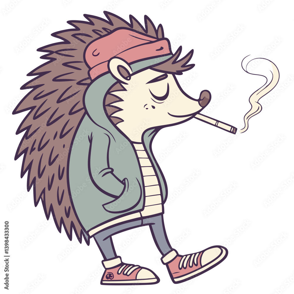 Fototapeta premium Cool Hedgehog Smoking Cartoon Character in Jacket and Sneakers Vector Art