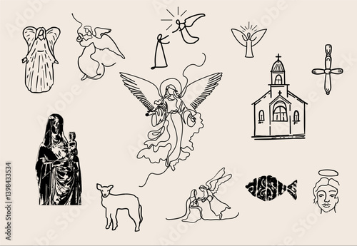 A Christian vector collection featuring sacred symbols, including a church, Bible, crucifix, dove, nativity scene, and other faith-inspired elements.