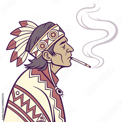 Native American Inspired Vector Art with Headdress and Smoking Pipe for Cultural Themes