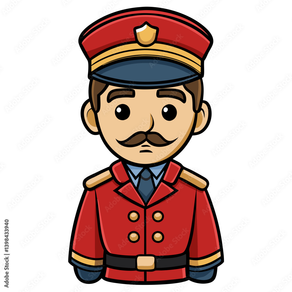 Cartoon Police Officer Vector Illustration in Red Uniform with Mustache Cartoon Police Officer Vector Illustration in Red Uniform with Mustache