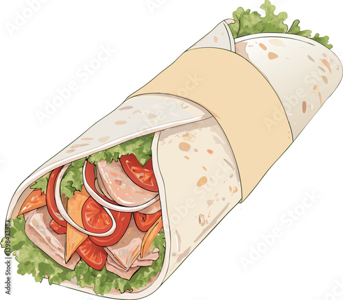 Vector Illustration of a Fresh Veggie Wrap Sandwich with Colorful Ingredients for Healthy Food and Culinary Art