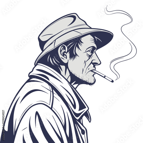 Elderly Man Smoking Wearing Hat and Coat Vector Illustration for Design and Print