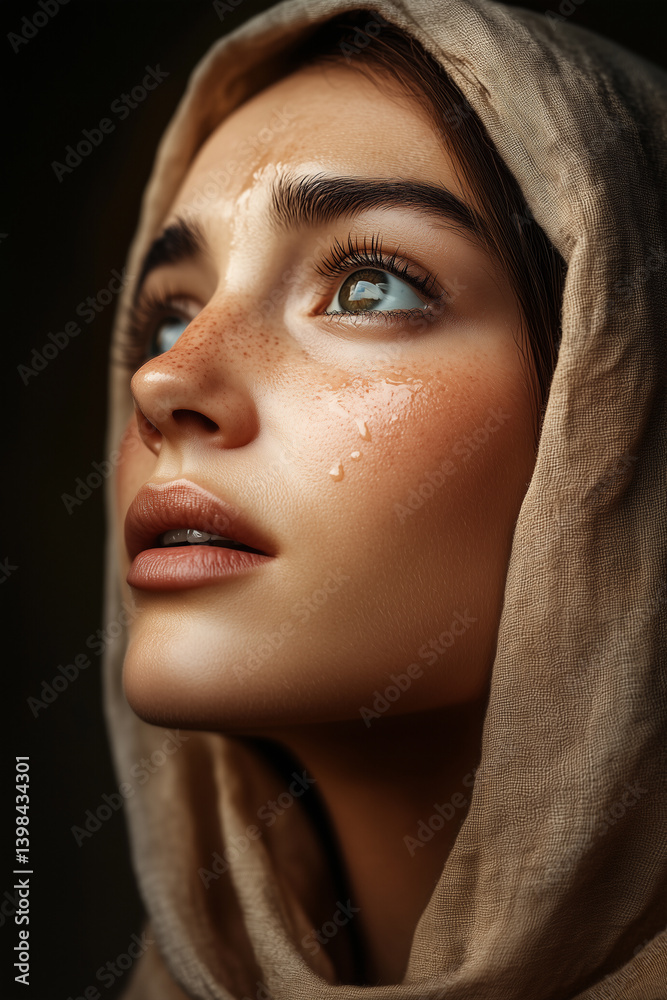A hyper-realistic close-up portrait of Mary Magdalene at the moment she sees the resurrected Jesus from a distance. A hyper-realistic close-up portrait of Mary Magdalene at the moment she sees the resurrected Jesus from a distance.