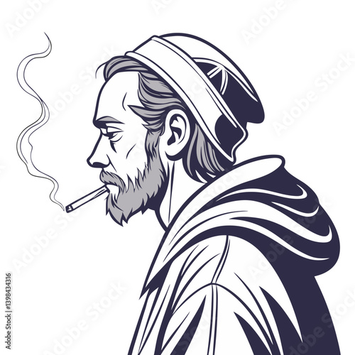 Bearded Man Smoking Cigarette Vector Illustration for Tattoo and Design