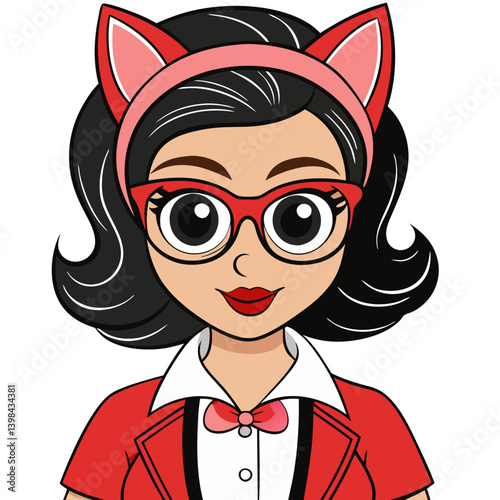 Cartoon Woman With Cat Ears and Glasses for Illustration and Design Projects