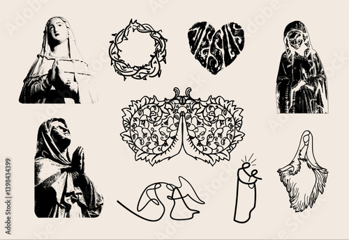 A Christian vector collection featuring sacred symbols, including a church, Bible, crucifix, dove, nativity scene, and other faith-inspired elements.