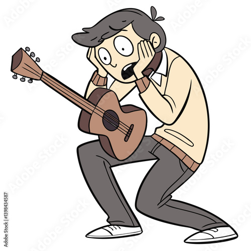 Vector Cartoon Man Shocked Holding Guitar Funny Expression