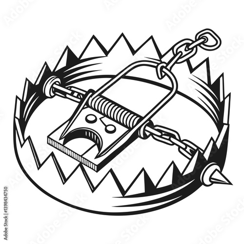 Black and White Vector Bear Trap Illustration for Danger Warning Signs