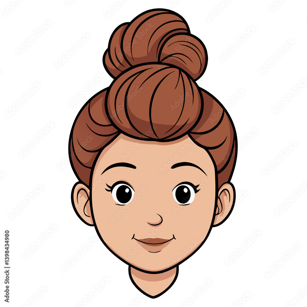 Cute Girl Cartoon Face with Brown Hair in Bun Perfect for Avatar and Children Illustration Cute Girl Cartoon Face with Brown Hair in Bun Perfect for Avatar and Children Illustration