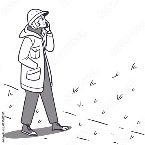 Vector Illustration of Young Woman in Winter Outfit Outdoors Talking on Phone