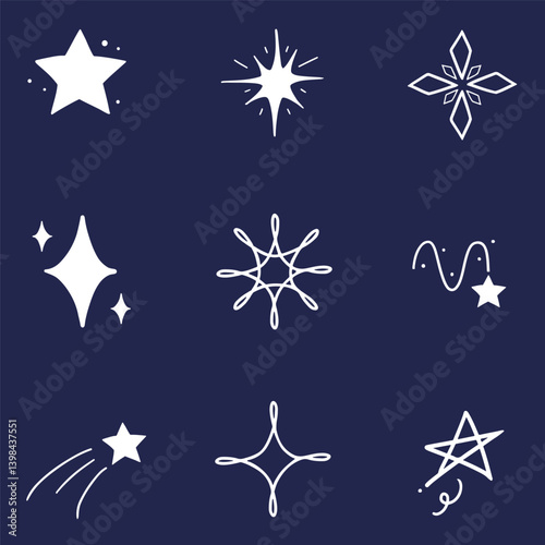 Stars doodle sparkling collection set variation hand drawn white pen doodle sketch illustration for graphic element, asset, poster, design, icon, symbol, children book.