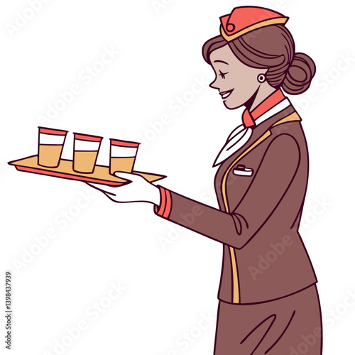 Vector Illustration of Flight Attendant Serving Beverages in Uniform