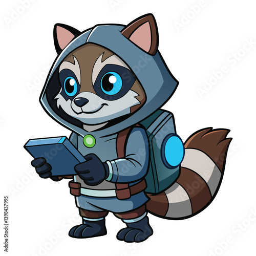 Cute Cartoon Raccoon in Hoodie with Tablet and Backpack Techy Animal Character, Futuristic Explorer, Vector Illustration