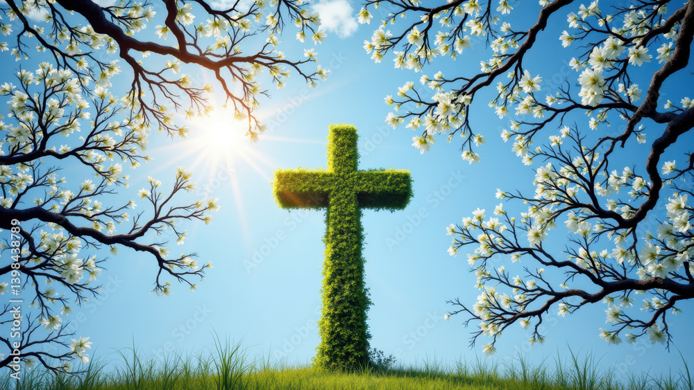 A vibrant Christian cross surrounded by flowers and leaves. A vibrant Christian cross surrounded by flowers and leaves.