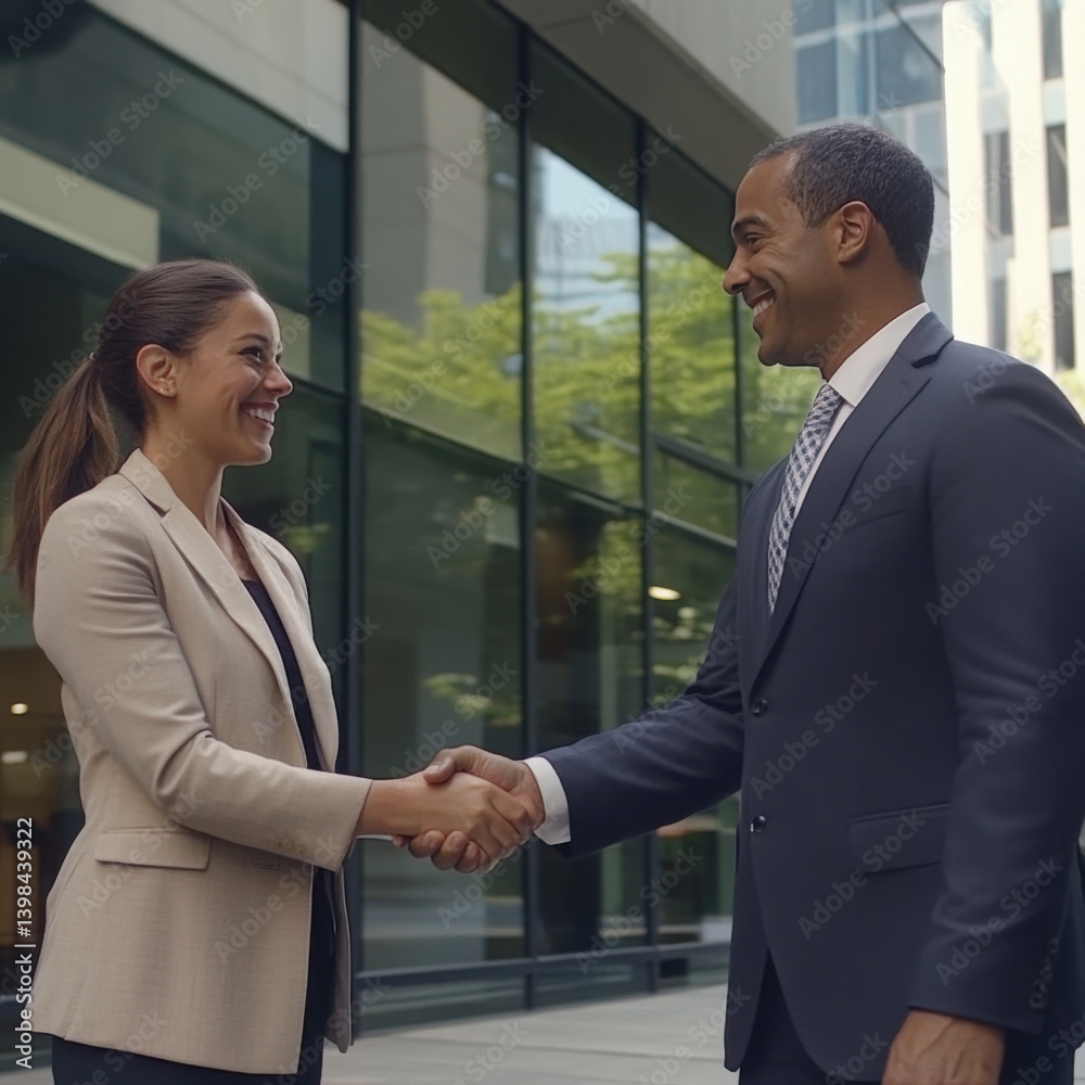 Two business professionals shaking hands in front of a modern office building Two business professionals shaking hands in front of a modern office building