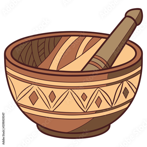 Traditional Wooden Mortar and Pestle Illustration for Kitchen Decor and Educational Use