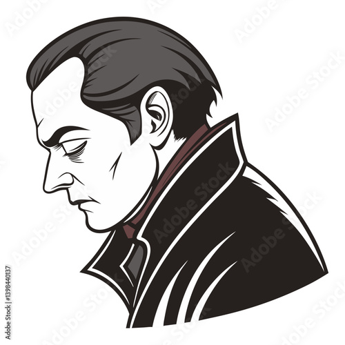 Dramatic Side Profile Illustration of Brooding Man in High Collar Coat for Graphic Design