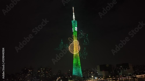 4k Video Guangzhou Tower Drone Show Featuring Vibrant Light Displays and Colorful Animations at Night