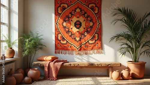 Stylish living space featuring a bold patterned wall hanging, wooden bench, and earthen pots with sunlight filtering, cozy African-style