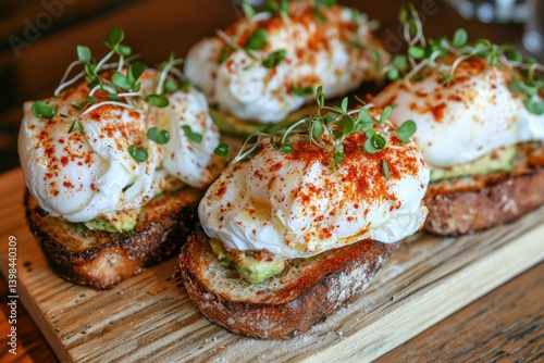 Poached eggs atop toasted bread with avocado and spices
