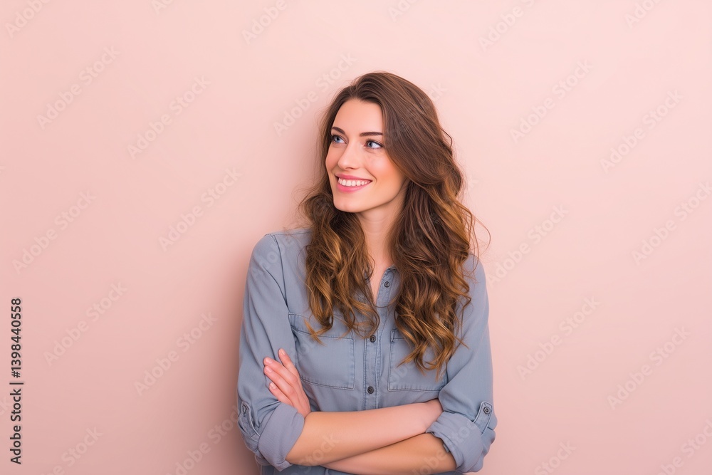Obraz premium Attractive Young Woman with Long Brown Hair Smiling Confidently Against a Pink Background