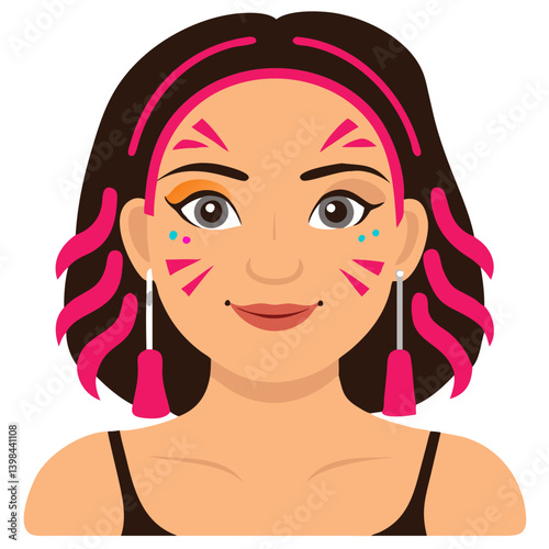 Vibrant Vector Portrait of Woman with Colorful Face Paint and Pink Hair Stripes