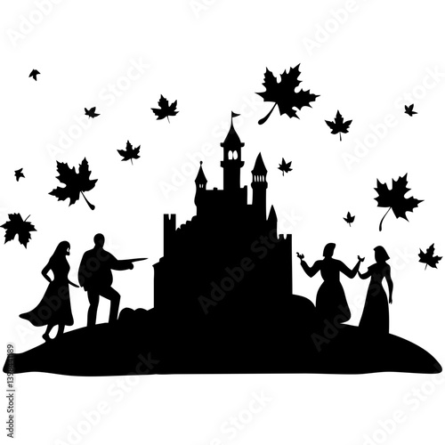 Fairy Tale Castle Silhouettes with Dancing Figures and Falling Leaves Vector Design