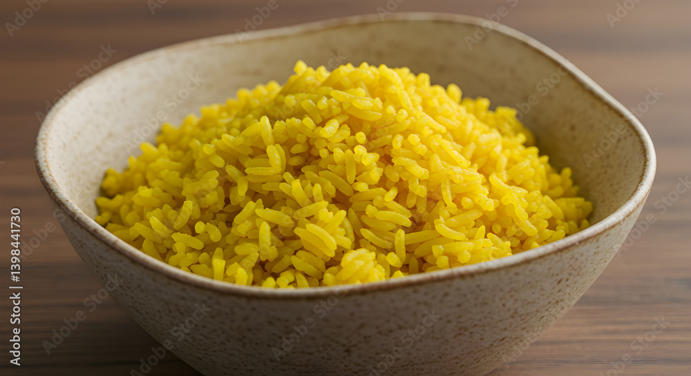 Bright Yellow Turmeric Infused Rice Served in a Ceramic Bowl Bright Yellow Turmeric Infused Rice Served in a Ceramic Bowl